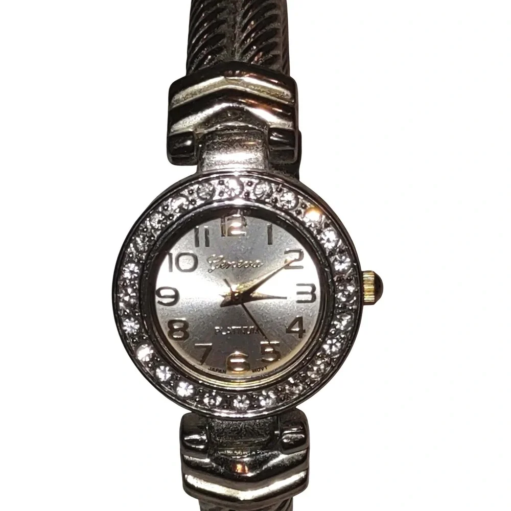 Geneva Platinum Bracelet Watch Silver 8322 Twisted Cable Cuff Rhinestone Bezel